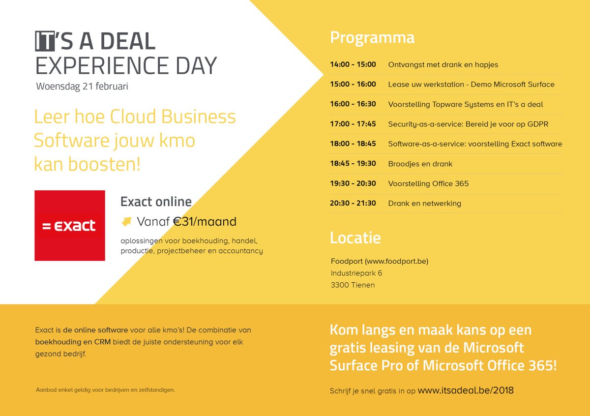 Wie komt er naar ons gratis event #ITsadealday om de Cloud Business Software opties van <a href="/Exact/">Exact</a> te ontdekken? Schrijf je in! #IT #kmos #tienen #exactsoftware