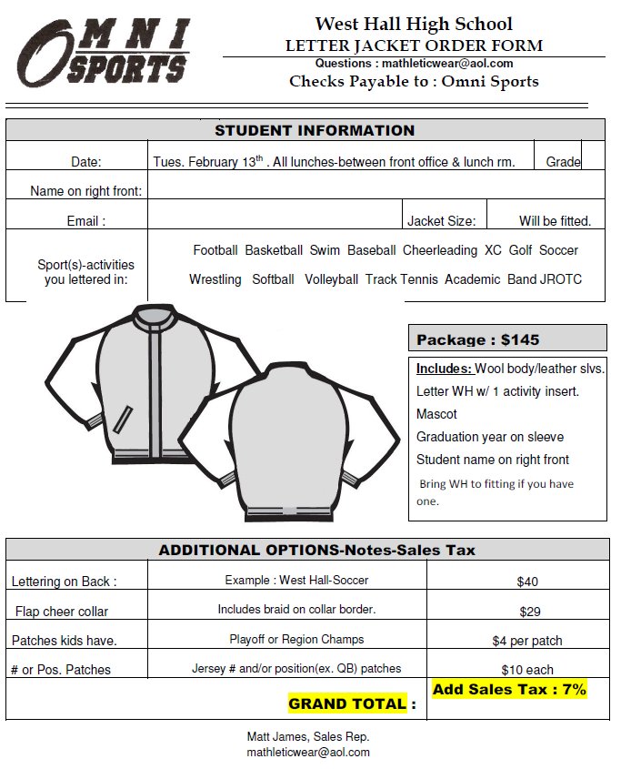 omniawardjacket's tweet photo. @WH_Spartans WHHS on campus letter jacket fitting!  When: Tuesday, Feb. 13th during lunches.  Where: Beside lunchroom front door.  See attached order form. https://t.co/ncm5Aqpmul