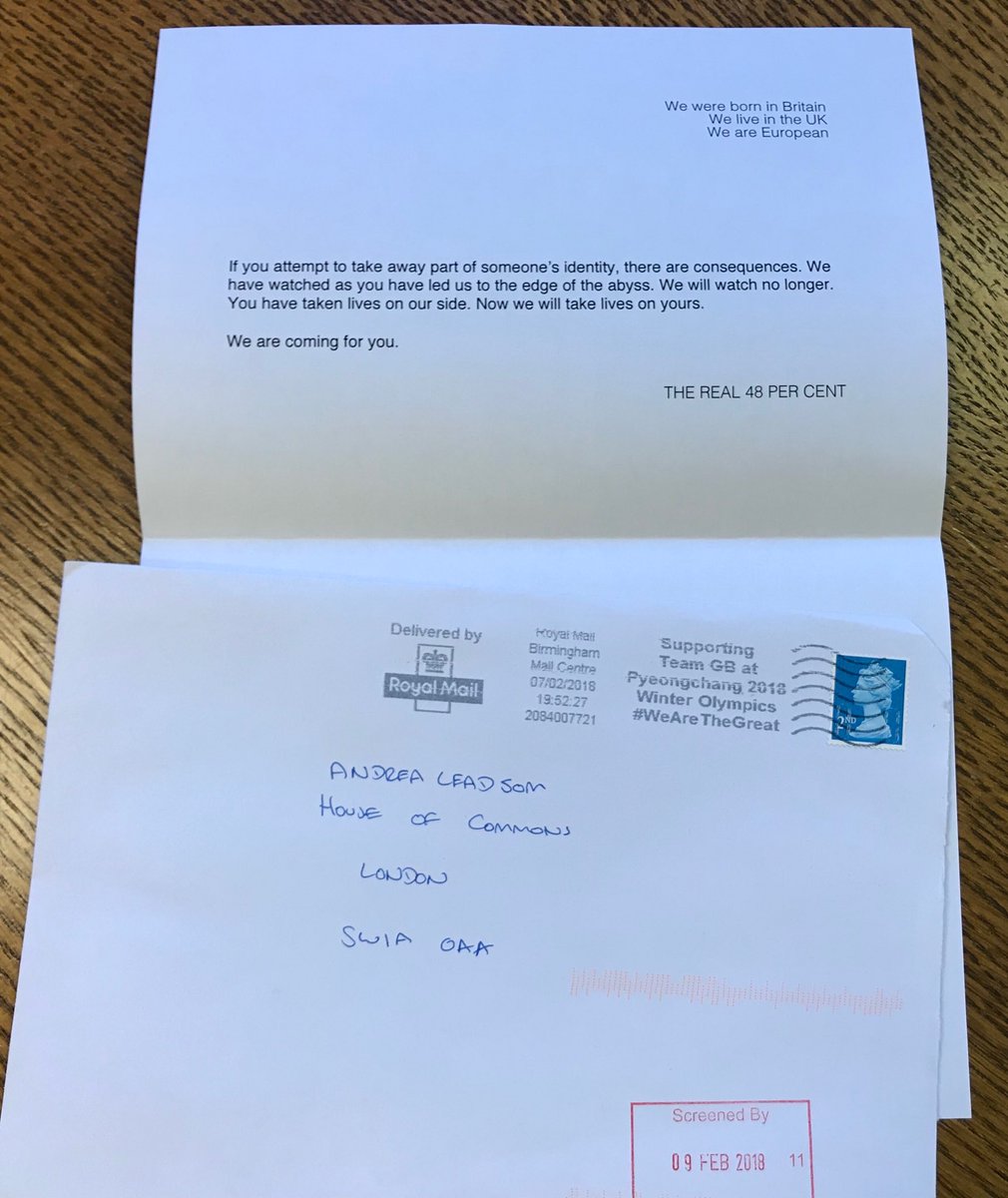 andrealeadsom's tweet photo. Pretty despicable whoever sent me this. We live in a democracy- death threats because you don’t agree? And unsigned? coward... https://t.co/ERnRvvVxWo