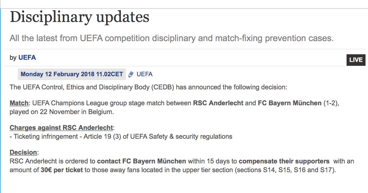 #UEFA Disciplinary update: following a FSE inquiry, <a href="/rscanderlecht/">RSC Anderlecht</a> is ordered to compensate <a href="/FCBayern/">FC Bayern München</a> fans charged 100EUR in the away end for the <a href="/ChampionsLeague/">UEFA Champions League</a> game #ANDBAY: uefa.com/insideuefa/dis…
FSE welcomes this decision and thanks all parties involved.  
More to follow.