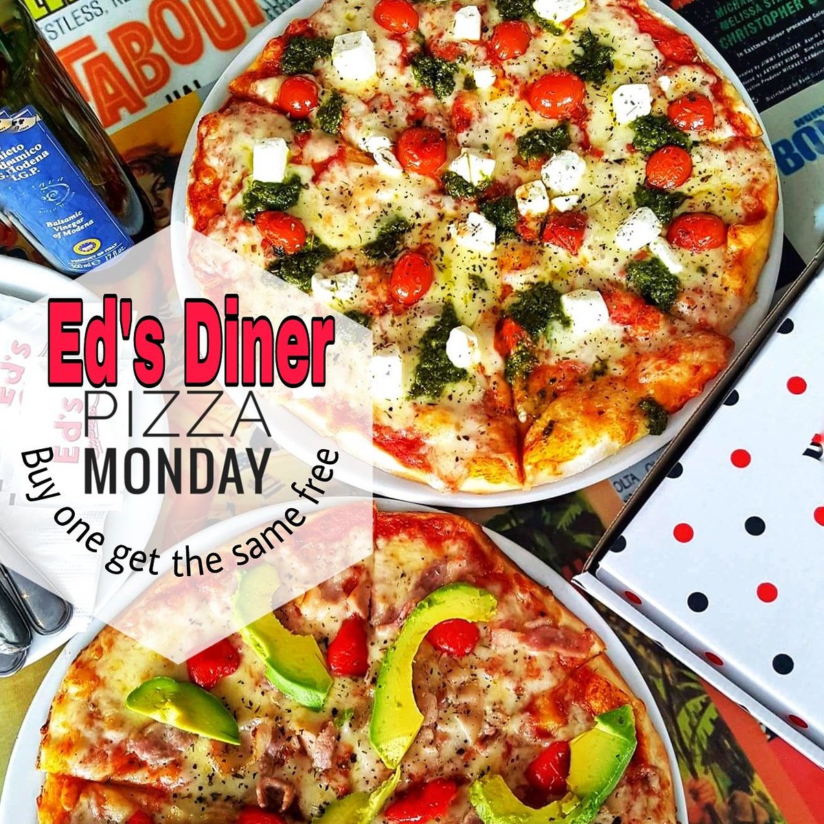 We don't believe Mondays should be blue with our 2 for 1 Monday Pizza special.  Buy 1 get the same FREE. Regret no Take-out.
