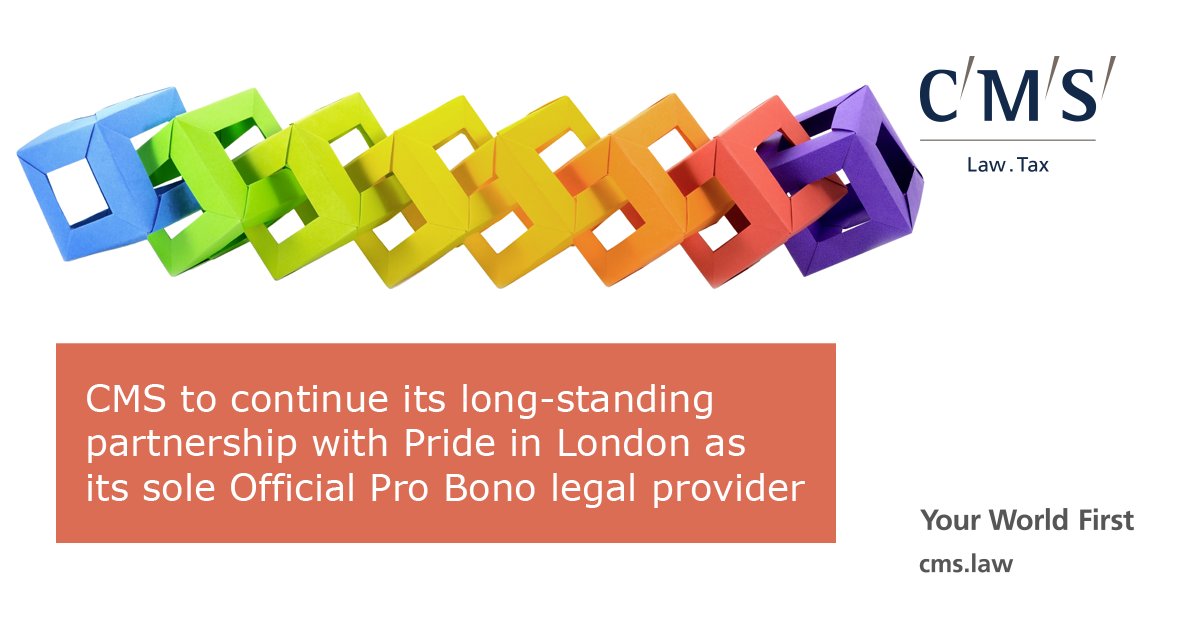 CMSEarlyTalent's tweet photo. We are proud to announce that CMS is continuing its partnership with Pride in London as its sole Official Pro Bono legal provider. Last year CMS provided over 280 hours of legal advice and support to #PrideInLondon. We are looking forward to supporting them again this year. https://t.co/qhlnHhSvkI