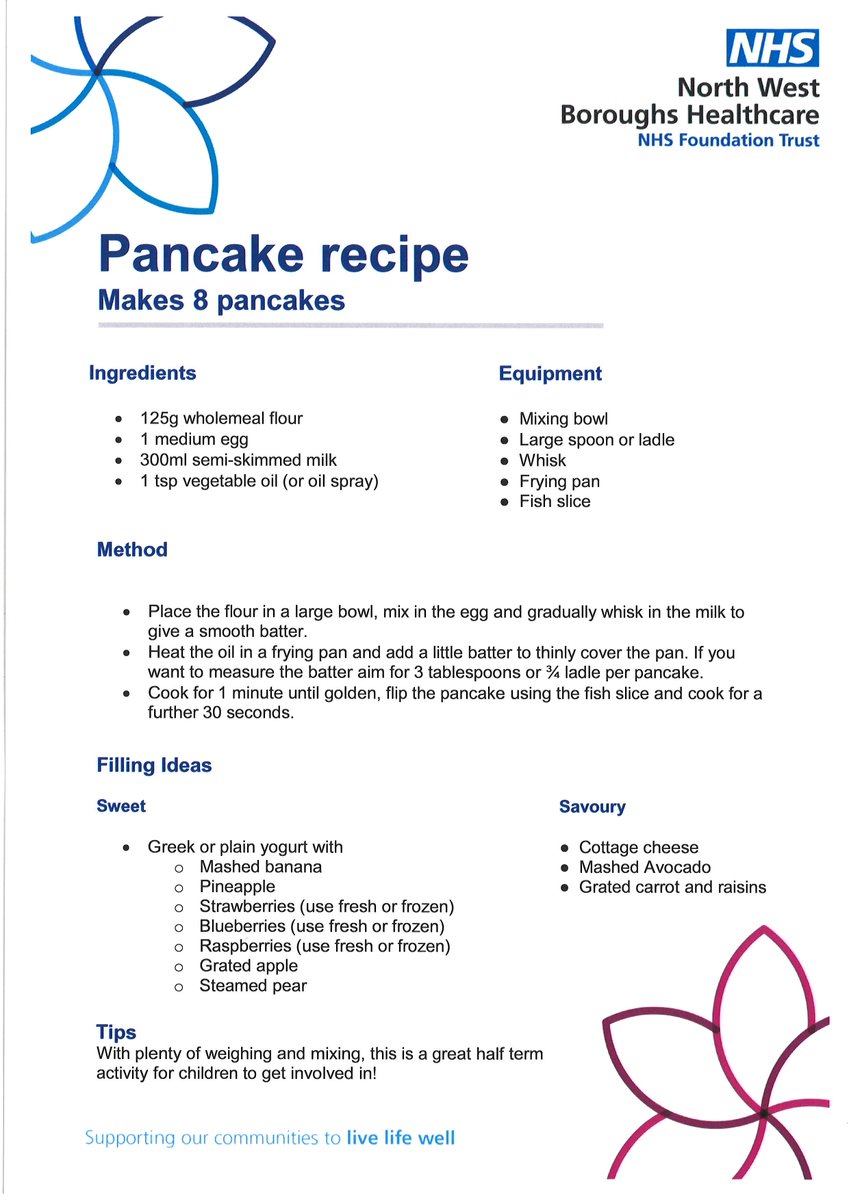 Why not try our tasty pancake recipe? A great way to keep the kids busy this Pancake Day and also a chance to brush up on their maths skills with weighing and measuring! @NWBoroughsNHS