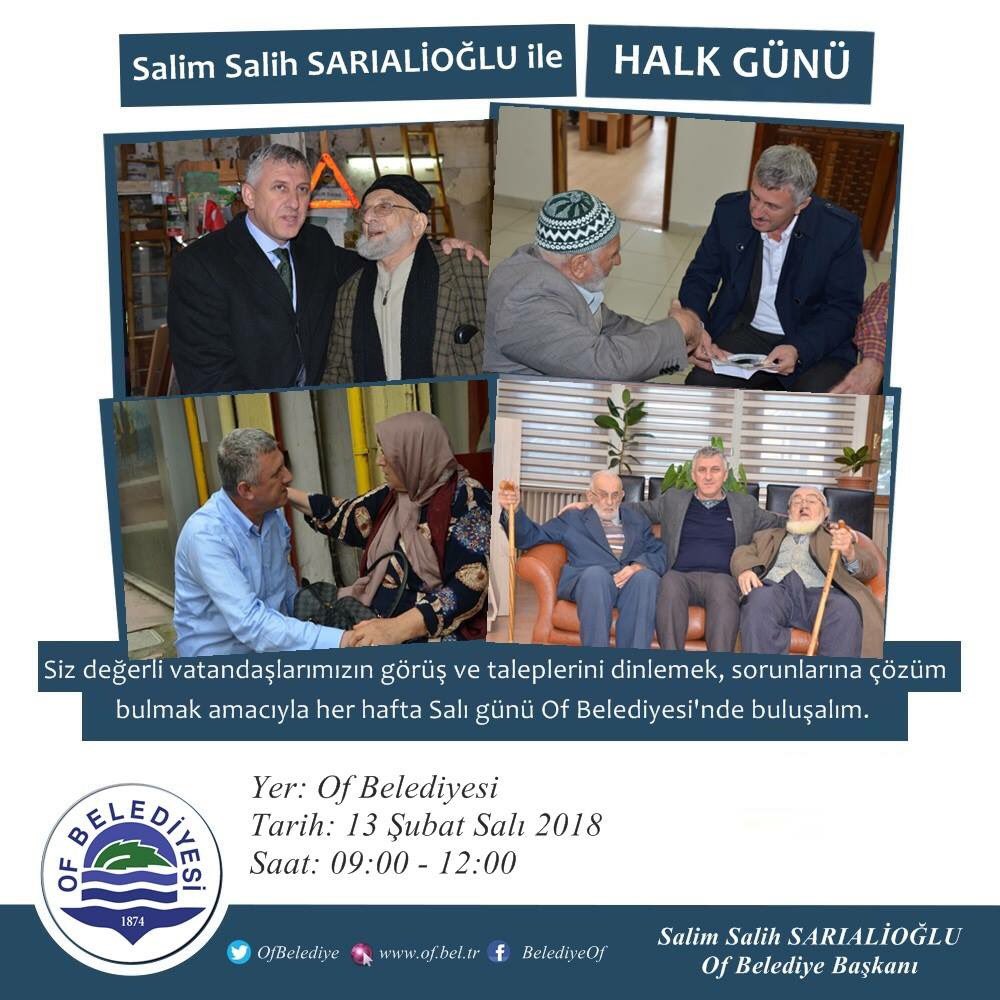 Of Belediye Başkanımız Sayın @ssarialioglu61 Başkanlığında 13 Şubat 2018 Salı günü (yarın) 09:00-12:00 saatleri arasında düzenlenecek olan halk günü toplantısı Of Belediye Başkanlık makamında gerçekleştirilecek. 

Tüm Oflu hemşerilerimizi halk günü toplantısına davet ediyoruz.