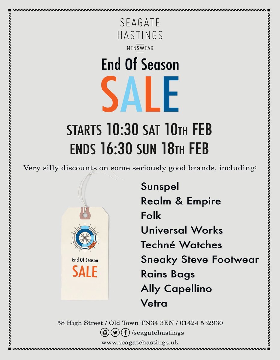 Our amazing February #sale is now on and runs through until 18th Feb 2018!
HUGE discounts on amazing #menswear brands
Thursday 11:00 – 17:00
Friday 11:00 – 17:00
Saturday 10:30 – 17:30
Sunday 11:00 –16:30
Click the link for more info buff.ly/2sqhOf5
#Hastings #eastsussex