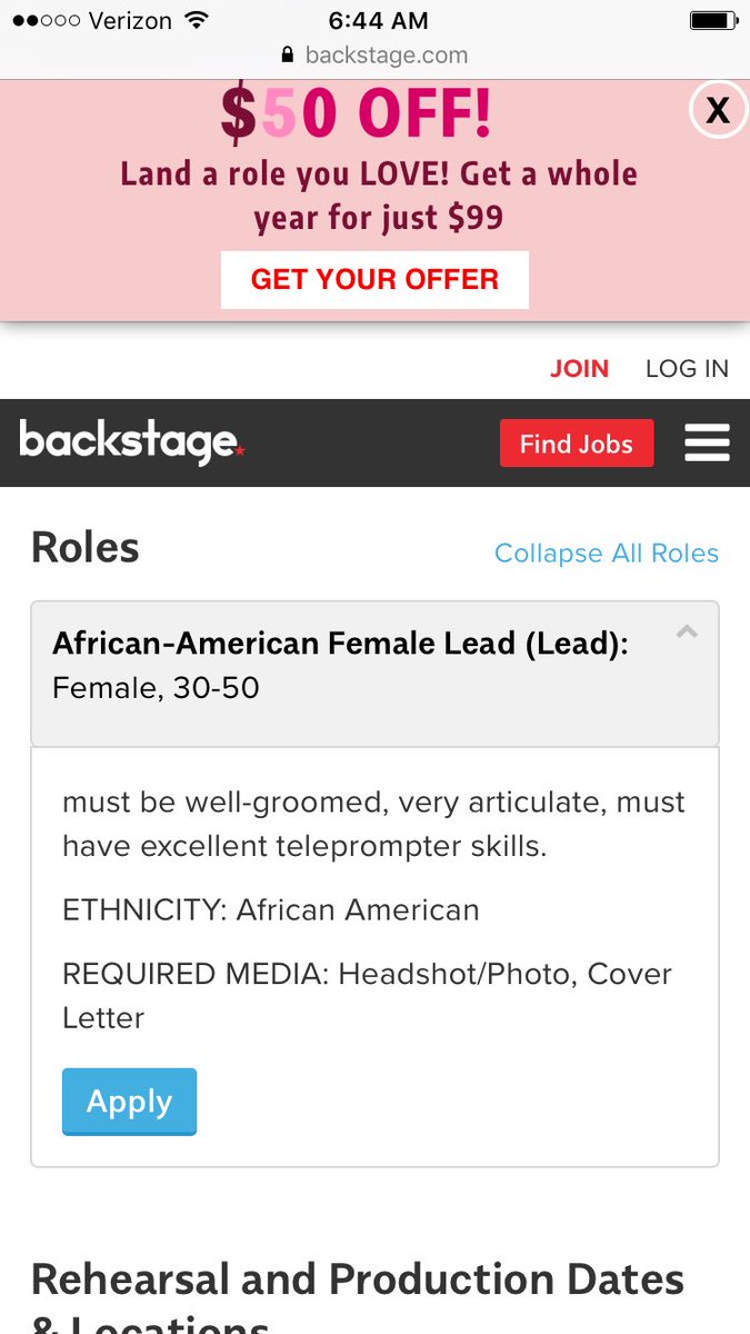 Penny_Middleton's tweet image. I NEVER see the word "articulate" for castings UNLESS it's attached to a person of color. @Backstage this is offensive and I sincerely hope you consider your position on promoting this type of language. Please do better.  #castingfail