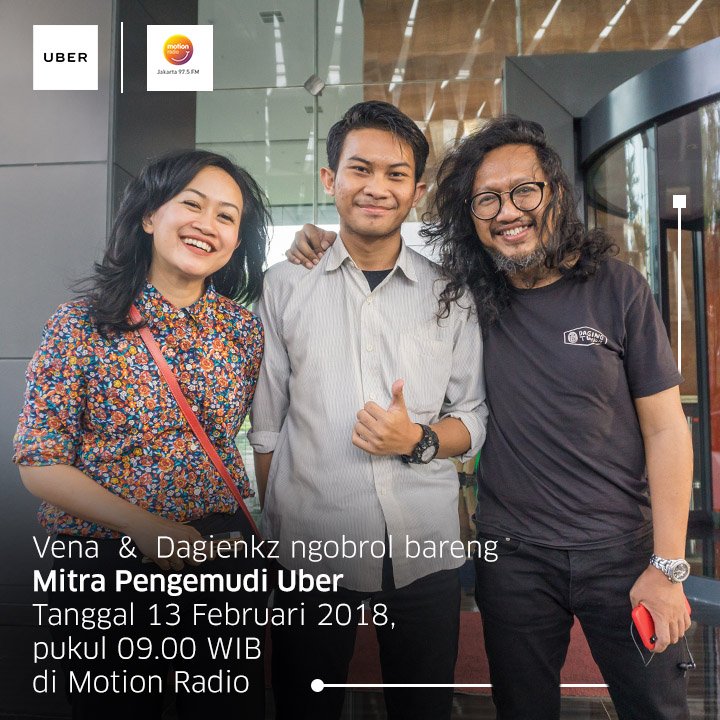 MOTION975FM's tweet photo. Mau tau cerita tentang mitra pengemudi Uber? Yuk dengerin obrolannya besok, 13 Februari 2018, jam 9 pagi cuma di @dagienkz @venaannisa In Motion #AyoKumpul #UberXMotionRadio https://t.co/gIL9Nlg67N