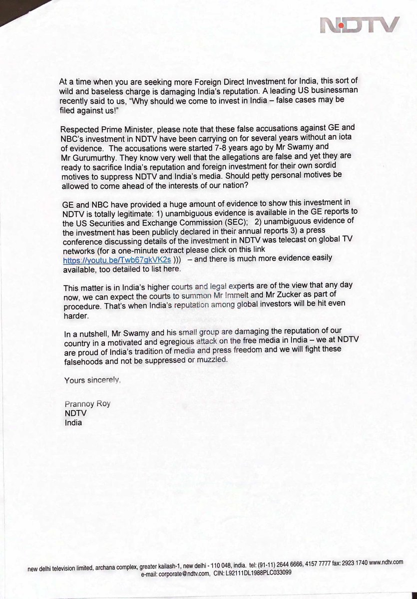 .@prannoyroyNDTV writes to <a href="/PMOIndia/">PMO India</a>, warns malicious campaign by Subramanian Swamy against <a href="/ndtv/">NDTV</a> will hurt India, freedom of press &amp; FDI