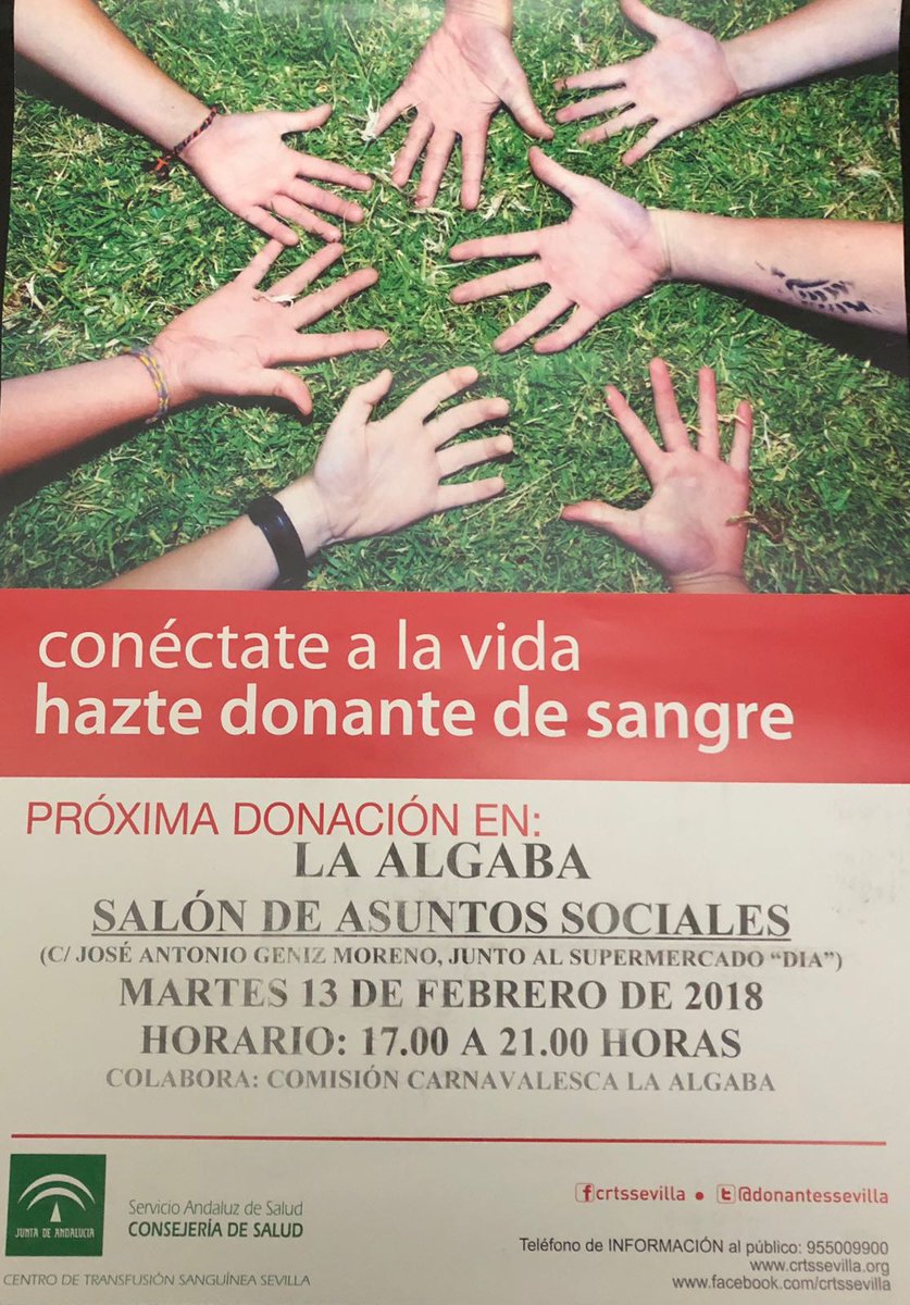 Ayto_algaba's tweet image. #Conectatealavida #HaztedonantedeSangre.
Mañana todos tenemos una cita: en el salón de Asuntos Sociales, en la calle José Antonio Geniz Moreno (junto al supermercado DYA) desde las 17,00 y hasta las 21,00 horas.
La vida de personas puede depender de unos minutos de tu tiempo.