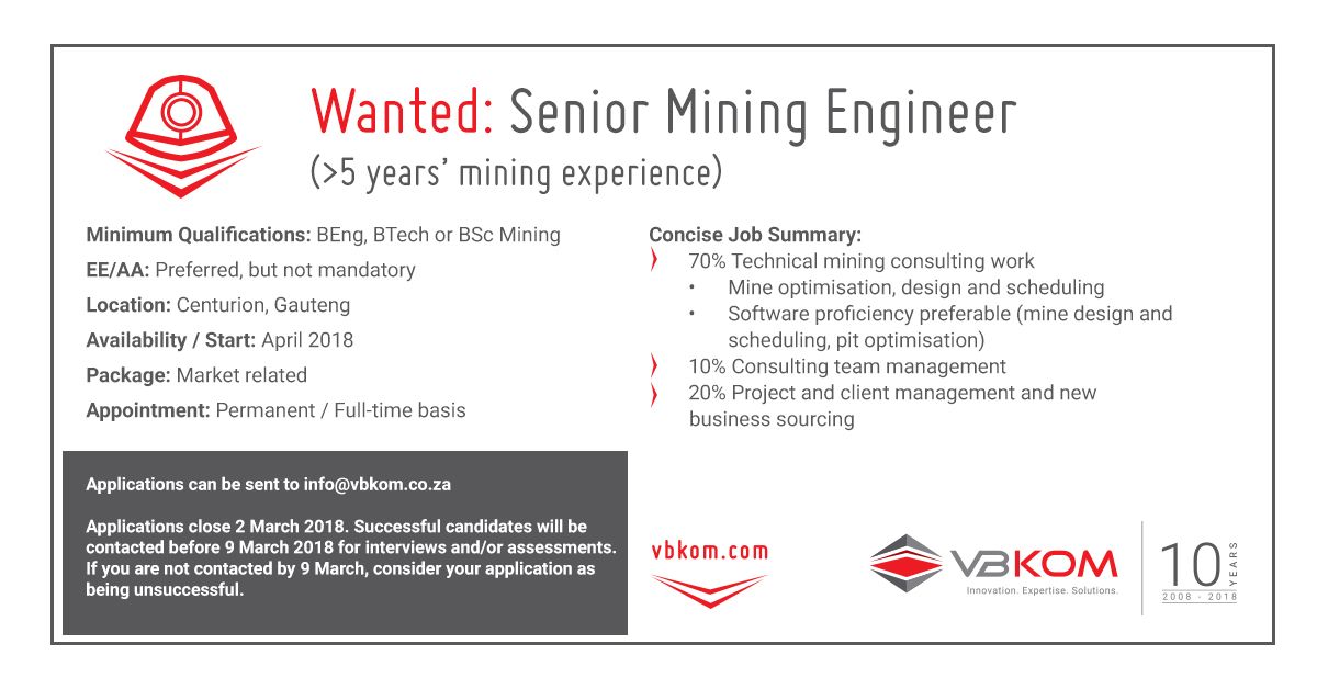 buff.ly/2EjGFmm 

Engineering Jobs and Career Opportunities at VBKOM

Senior Mining Engineer position available at VBKOM. Follow our link for more information about the job specifications.

#engineeringjobs
#miningengineers
#miningconsultants