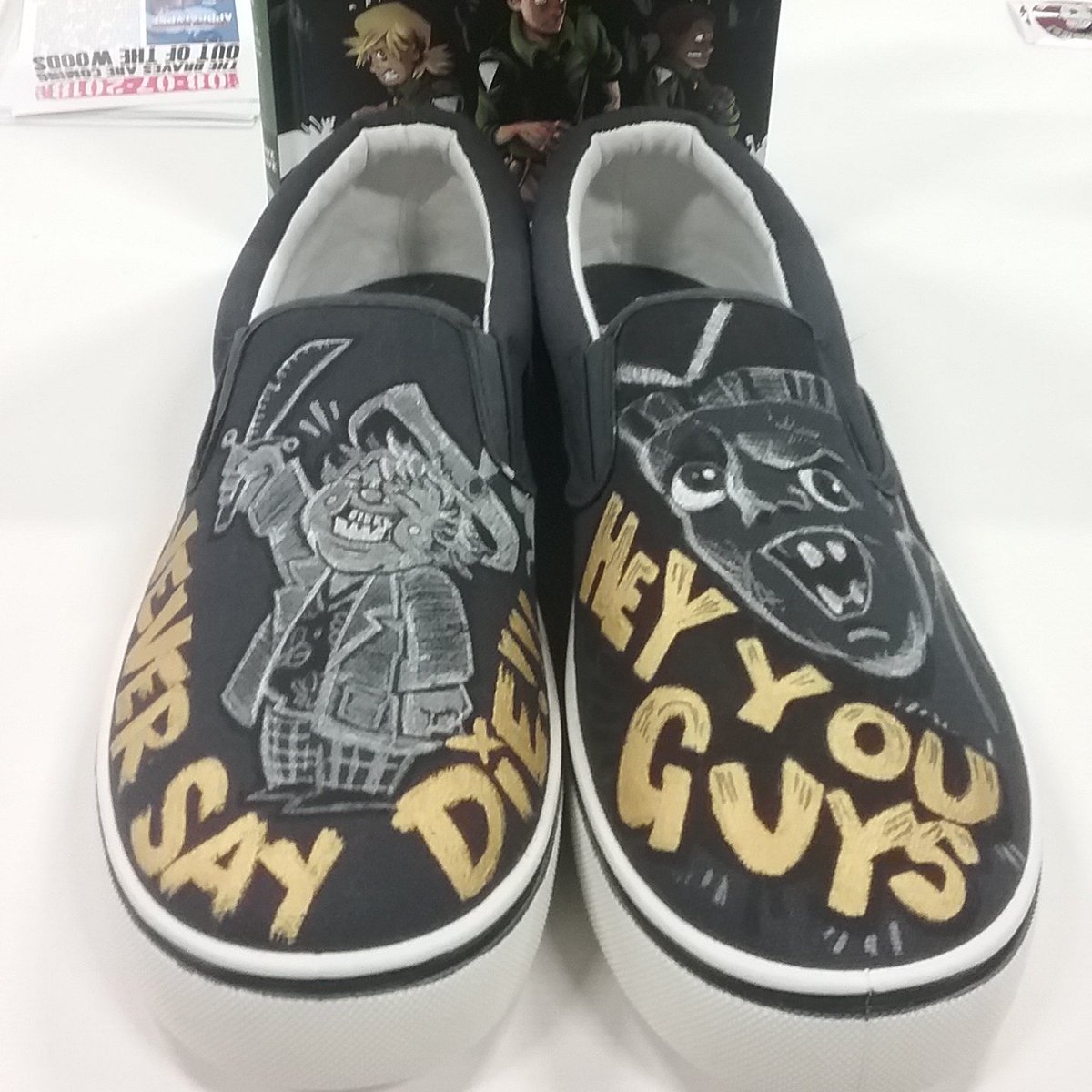 gkwordsmith's tweet photo. "Hey I got these new cheap shoes wanna make them cool?" @annmarecruz and @shawnvcruz made shoes into. Amazing! More pics to follow! #ilcc2018 #ilikecomics #ilcc #coolpickups #dopekicks #goonies #goonieforlife #chunk #sloth #heyyouguys #gooniesneversaydie #artshoes #80skids #PNW https://t.co/30LjZPNjPx