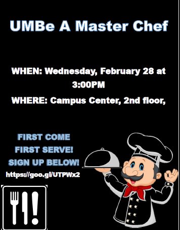 Swing by the 1st floor terrace TODAY AT NOON for some shrimp scampi courtesy of Chef Kareem! Can't make it today - come to our next cooking class on the 28th! umb.campuslabs.com/engage/event/1…