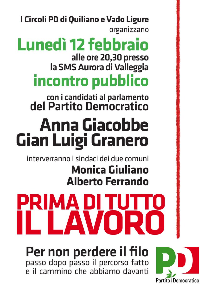 AnnaGiacobbePD's tweet photo. Sarò presente anche io con il candidato @GianGranero e i sindaci dei comuni di Vado Ligure #MonicaGiuliano e di Quiliano #AlbertoFerrando questa sera a Valleggia. Prima di tutto il Lavoro: si parlerà dei risultati ottenuti con l'area di crisi complessa. https://t.co/lT2rWqmJfU