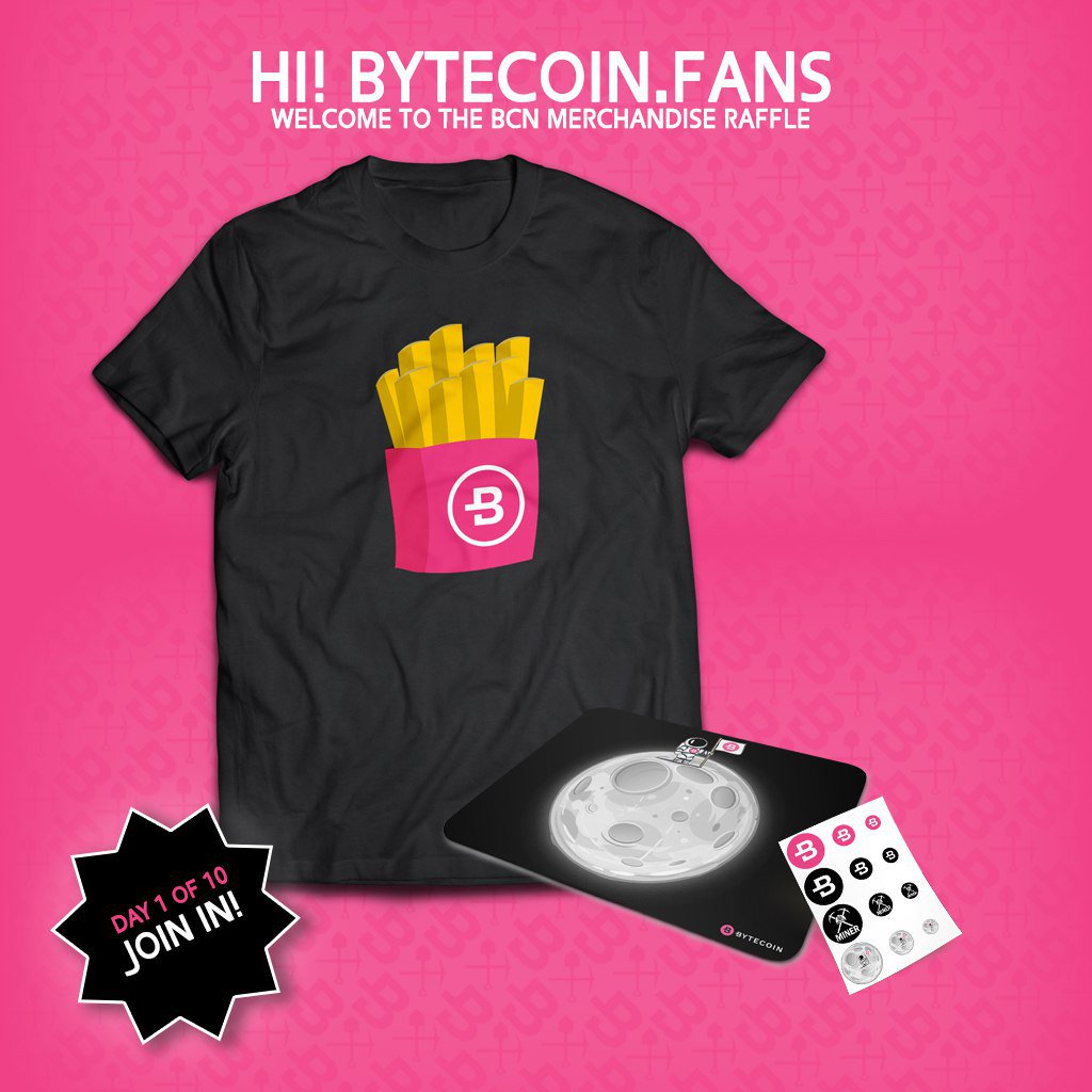 🎁10 DAYS BYTECOIN GIVEAWAY🎁
Follow <a href="/Bytecoin_BCN/">Bytecoin BCN</a> and <a href="/BytecoinFans/">Bytecoin.Fans</a> pages and Retweet this post with #bytecoinfans hashtag to win Bytecoin.fans packages. 
A new set for a winner every day.👕
Check out the 1st day package!  #Bytecoin #BCN