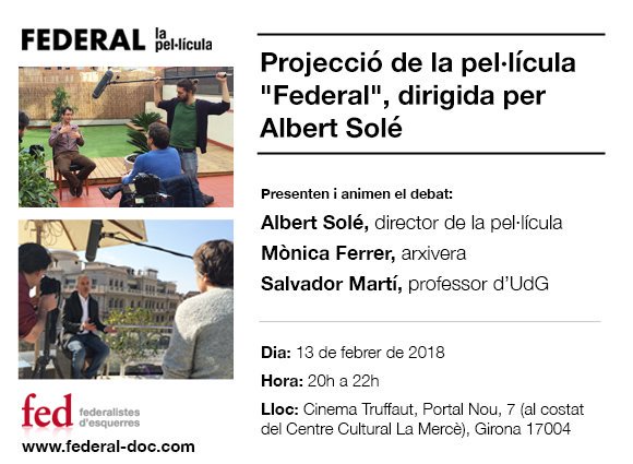 Aquest dimarts 13 de febrer s'estrena a #Girona el documental <a href="/Federal_doc/">Federal</a> producido por <a href="/EsquerraFederal/">Federalistes d’Esquerres</a> A les 20h al <a href="/CinemaTruffaut/">Cinema Truffaut</a> amb <a href="/albertsole12/">Albert Solé</a>, Mònica Ferrer i Salvador Martí. 
Imperdible!!