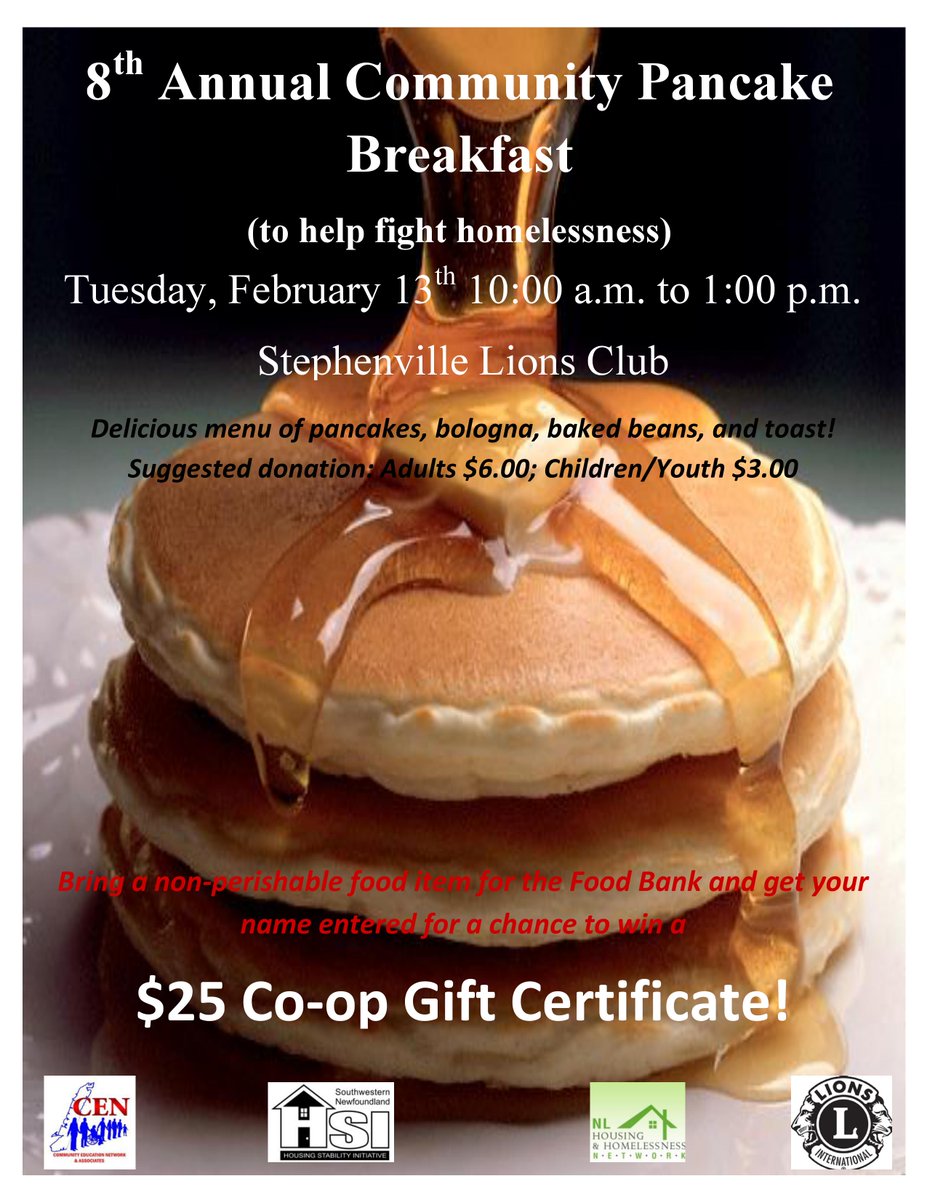 Pancake day is tomorrow...why not let us serve you up hot pancakes, we'll even do the dishes. For $6 enjoy pancakes, baked beans, bologna and toast served with a beverage and help us help those who are less fortunate than us. #NLHHN #VOCM #OZFM