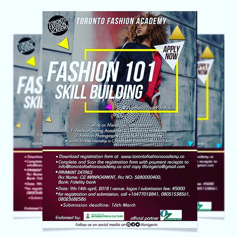 tfanigeria's tweet image. Fashion 101 is here...Let’s build your portfolio as the skill building workshop kicks off on the 9th - 14th April, 2018. Register Now!!! Link in Bio. #TfaNigeria #TFa #Fashion #Blogger #design #internship #makeup #model #photography @CreativeAfrika #lagosfashion