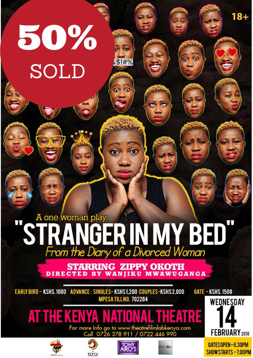 naitwasheldon's tweet photo. @Zippy_okoth stages a one woman play dubbed "Stranger in My Bed".
Grab advance tickets at 1200/- for singles and 2000/- per couple. Gate fee is 1500/- per head. Show starts at 7.00 p.m. on #ValentinesDay 14.02.2018. at Kenya National Theatre. #StrangerInMyBed https://t.co/58aE7VM4Bg