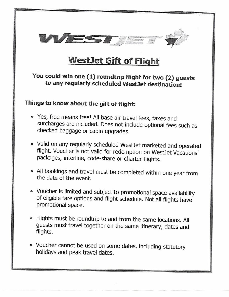 Raffle tickets are now available for the West Jet flights! $10 each and only 750 printed so get yours soon before they sell out! See Tammy at the rink or message here to get yours!