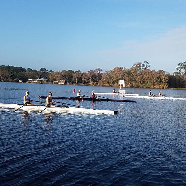 allrowcamp's tweet photo. Just another tough day in DeLand on Lake Beresford with the #row_nbc scullers! #yeahteam #nosnowhere #messingaboutinboats #harddayatheoffice #happycamper https://t.co/zSCT1mOVMb