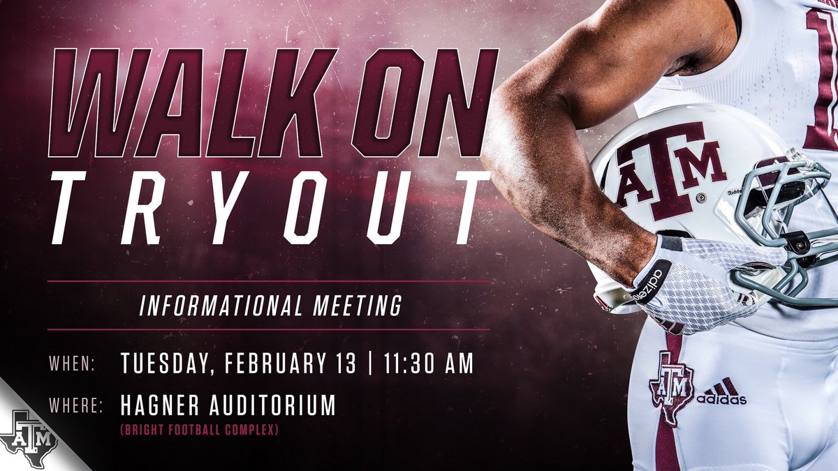 AggieFBLife (@aggiefblife) on Twitter photo Be the #12thMan
<a href="/AggieFootball/">Texas A&M Football</a> Walk-On informational meeting scheduled for Feb. 13.
More info: bit.ly/2Cftr8m Be the #12thMan
<a href="/AggieFootball/">Texas A&M Football</a> Walk-On informational meeting scheduled for Feb. 13.
More info: bit.ly/2Cftr8m