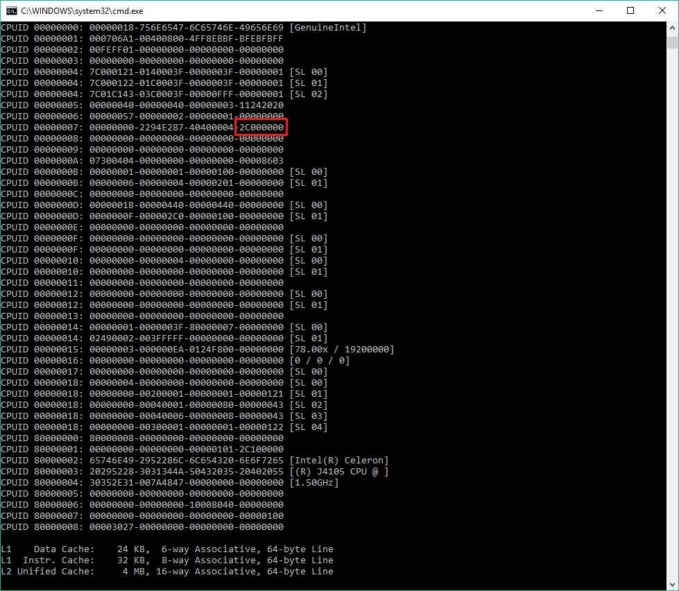 InstLatX64's tweet photo. QuadCore #Intel Celeron J4105 (#GoldmontPlus) 706A1 CPUID dump added -
according to this, Goldmont+ supports SGX, SGX_LC, UMIP,
RDPID features, and also the 3 #Spectre/#Meltdown mitigation features
(#IBPB/#IBRS, #STIBP, IA32_ARCH_CAPABILITIES) in: https://t.co/37mJQ4r9bT https://t.co/siGSrC9uO0