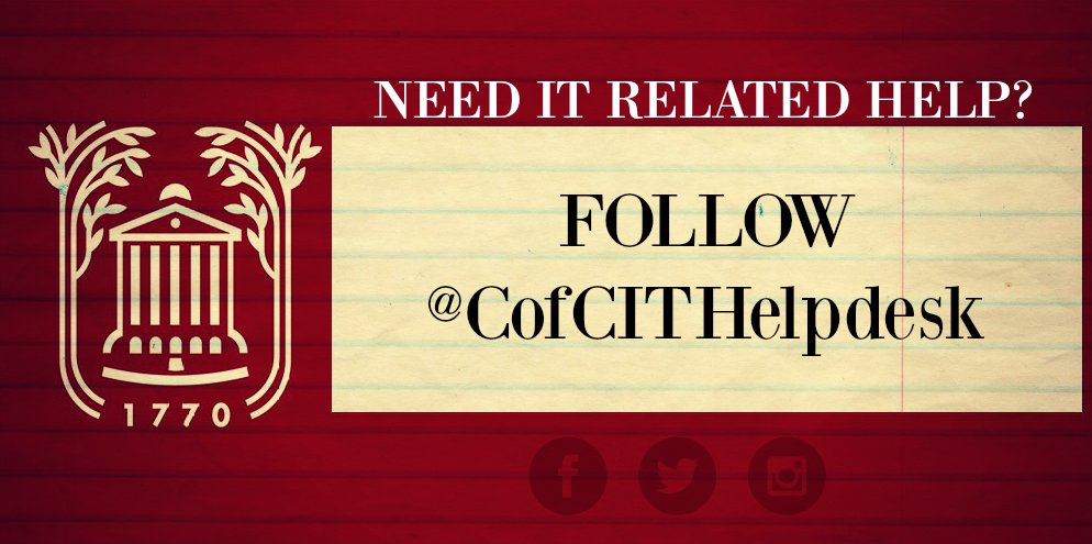 CofCITHelpdesk's tweet photo. We are so excited at IT Helpdesk to connect and share IT related Information with fellow organizations here at the College of Charelston! @CofCAdmissions @CofCStudentLife @CofCSports @CofC @SOTAcofc @CofCRegistrar @CofCOrientation @CofCLibraries @TLTcofc https://t.co/mlfywS89Qj