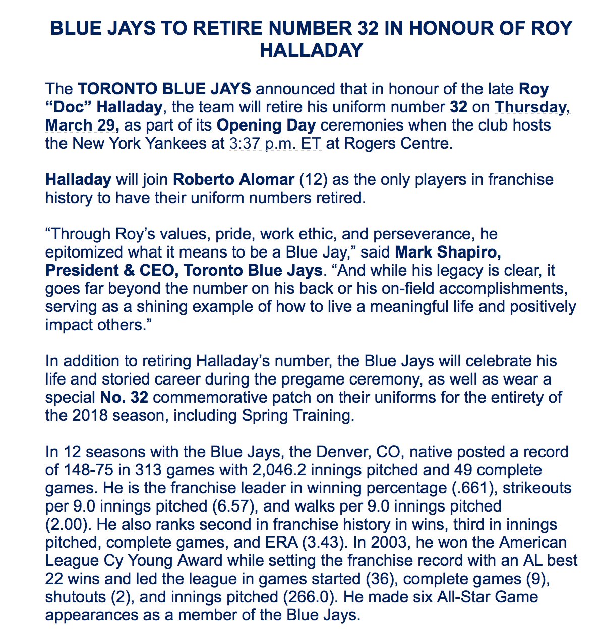 Blue Jays to honour Roy Halladay on opening day 2018