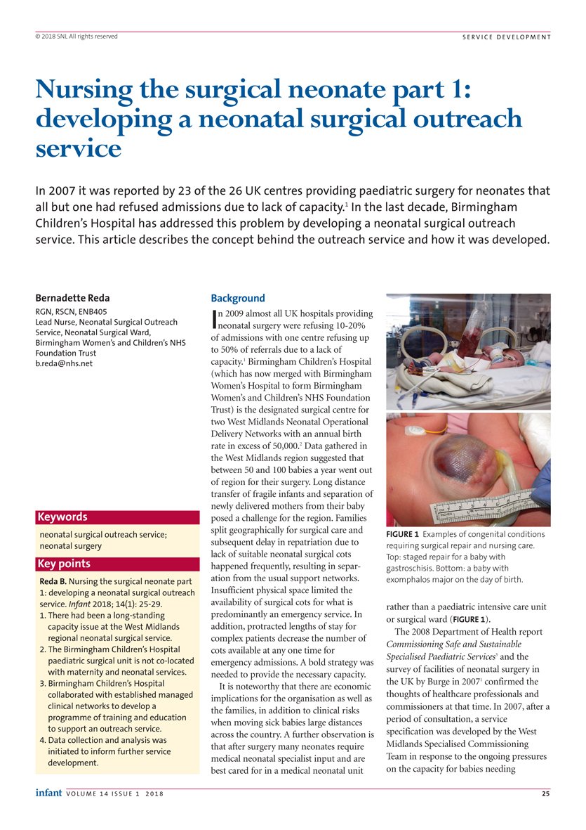 The success of the Birmingham Women’s &amp; Children’s NHS Foundation Trust Neonatal Surgical Outreach Service means fewer babies travel long distances to access emergency surgery. To see how it’s done read Sr Bernadette Reda’s article:infantjournal.co.uk/journal_articl… <a href="/bwh_nhs/">Bham Women's Hosp 💙</a> <a href="/bham_childrens/">Bham Children's Hosp 💙</a>
