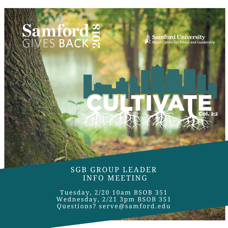 MannCenterSU's tweet photo. Samford Gives Back 2018 Group Leader Training is NEXT week. Email serve@samford.edu for more info! https://t.co/mq3Y5HnCZT