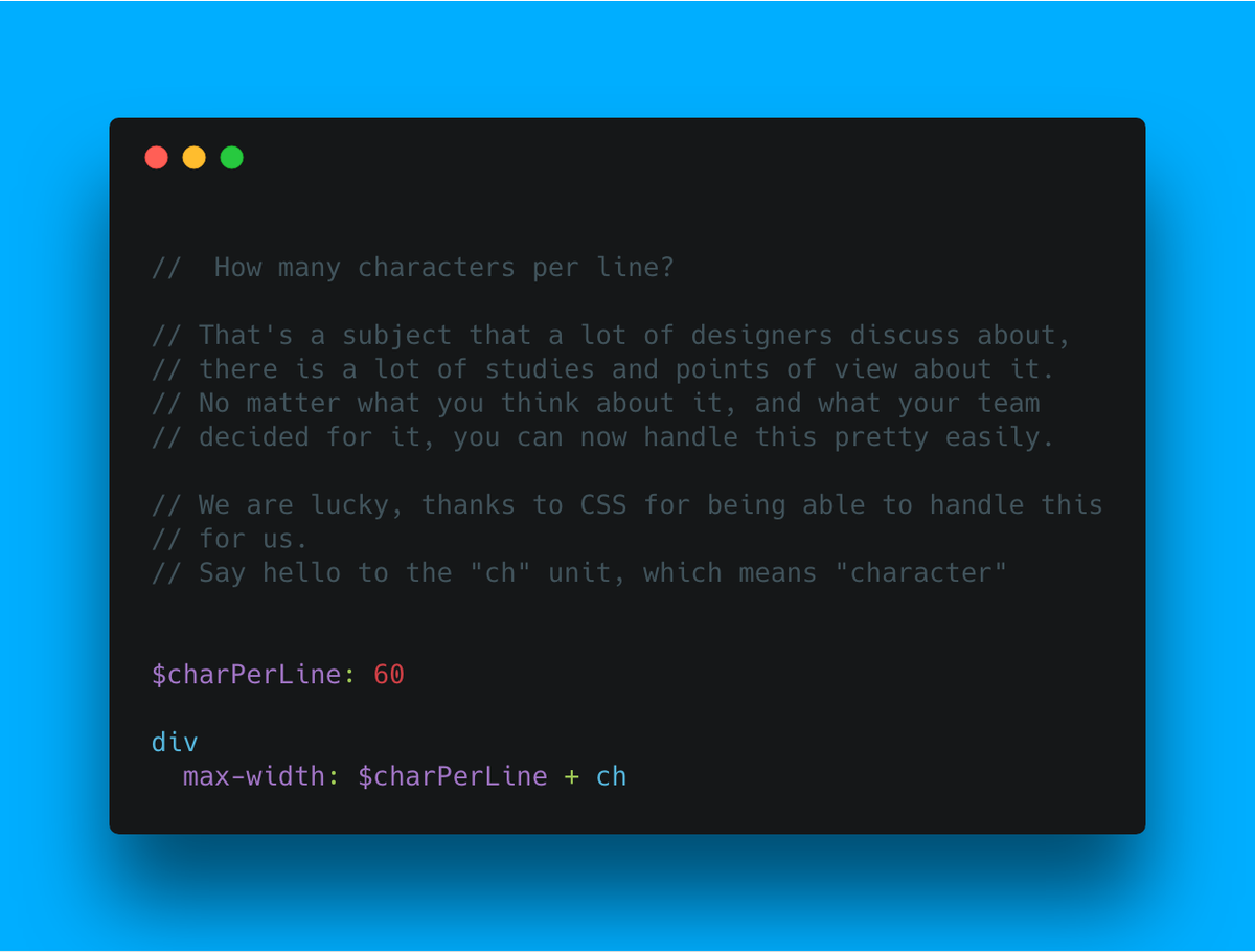 LukyVJ's tweet image. Ever wanted to control how many characters you&apos;ll have per line?
Thanks to the CSS `ch` unit, there is a frictionless way to achieve this! #CSS 👨‍💻https://t.co/2FlZ8wijZn