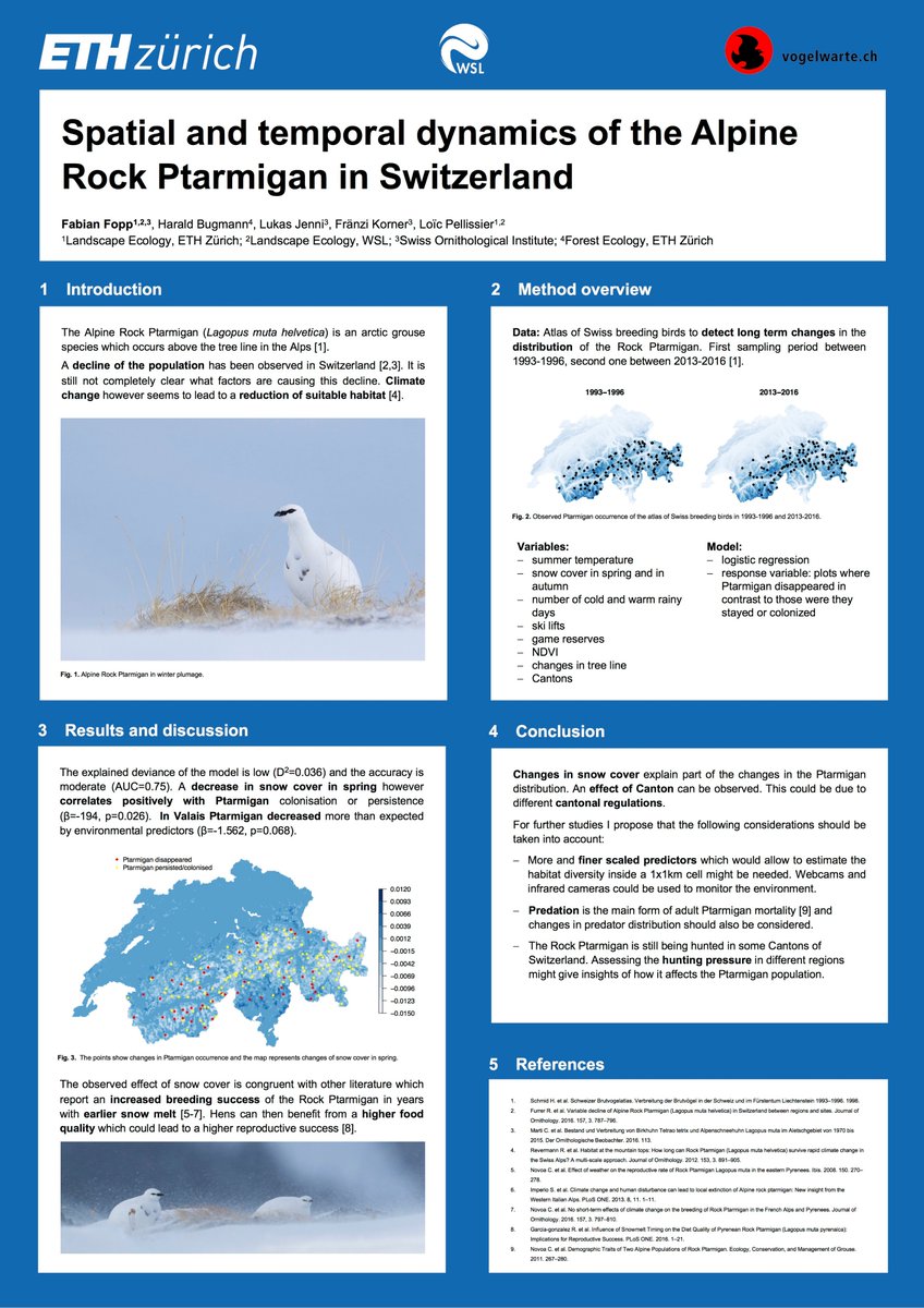 ELE_ETHWSL's tweet image. This Thursday we will be at the @biology18_neuch conference in Neuchâtel and present some posters. Check out Fabian&apos;s poster about spatial and temporal dynamics of the Alpine Rock Ptarmigan in Switzerland. 
#biology18 #climatechange #spatialmodeling