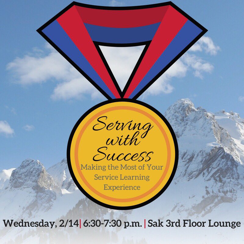MCStevensCenter's tweet photo. This Wednesday: go for the gold in your #ServiceLearning experience this semester — come to the Sak 3rd  Floor Lounge at 6:30 and learn how to serve with success! https://t.co/sXReW5E9ez