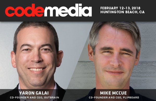 Join Outbrain Co-Founder and CEO, <a href="/YaronGalai/">Yaron Galai</a>, when he discusses content and curation with <a href="/Flipboard/">Flipboard</a>'s <a href="/mmccue/">Mike McCue</a> at <a href="/Recode/">Recode</a>'s #CodeMedia 2018 in Huntington Beach, CA on February 13th, hosted by <a href="/karaswisher/">Kara Swisher</a> and <a href="/pkafka/">Peter Kafka</a>! 

More info: outbra.in/2ixnY99