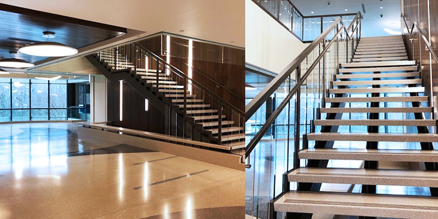 Photos of NAMB's office building renovation in Alpharetta, GA. A portion of the concrete floor system was cut out to install a new monumental stair in their lobby. We worked with CMH Architects on this project.