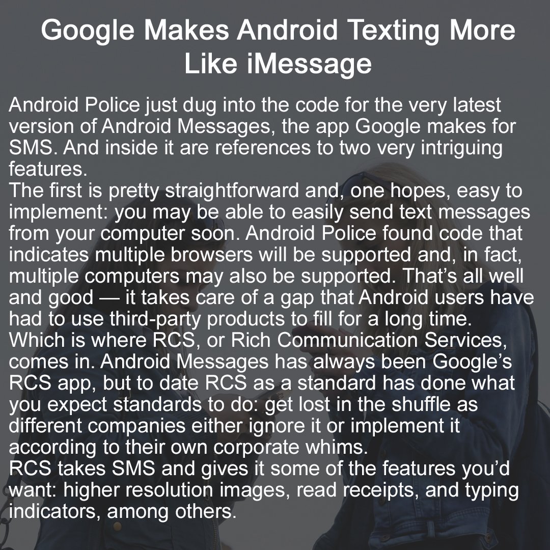 News_NLT's tweet image. #Google #iMessage #AndroidPolice #it #itnews #newnesnlt #news_nlt #it_news #новости #айти #новостиайти 

Google Makes Android Texting More Like iMessage