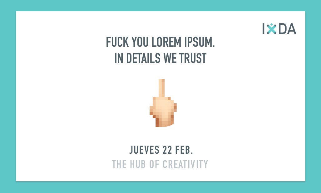 Ya tenemos la segunda parte de "Fuck you lorem ipsum. In details we trust" con tres expertas del diseño de copy como ponentes @deAnta_ <a href="/NitaLastra/">Ana Lastra</a> y @Rosmayo . ¿Dónde será? en @the_hub_of ¡corred que vuelan! nvite.com/IxDAMadrid/g7q…