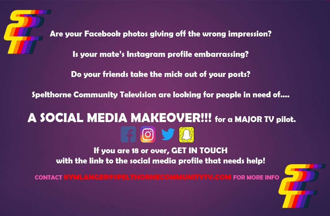 Spelthorneish's tweet photo. @OfficialCastMe Pls RT! Are your Facebook photos giving off the wrong impression? Do your friends take the mick out of your posts? @Spelthorneish are looking for people in need of a SOCIAL MEDIA MAKEOVER 4 a MAJOR TV PILOT! Email kymlanger@spelthornecommunitytv.com for more info https://t.co/6HUaGZxFAH
