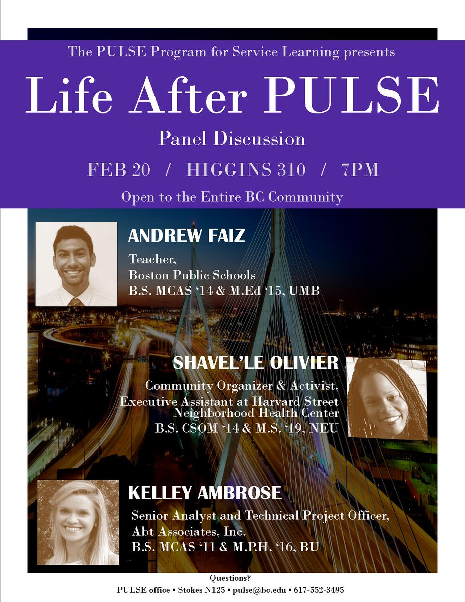 PULSEProgramBC's tweet image. Life After PULSE alumni panel discussion - NEXT TUESDAY at 7PM in Higgins 310! Come hear from our dynamic alumni about their experiences in PULSE and post-grad!
