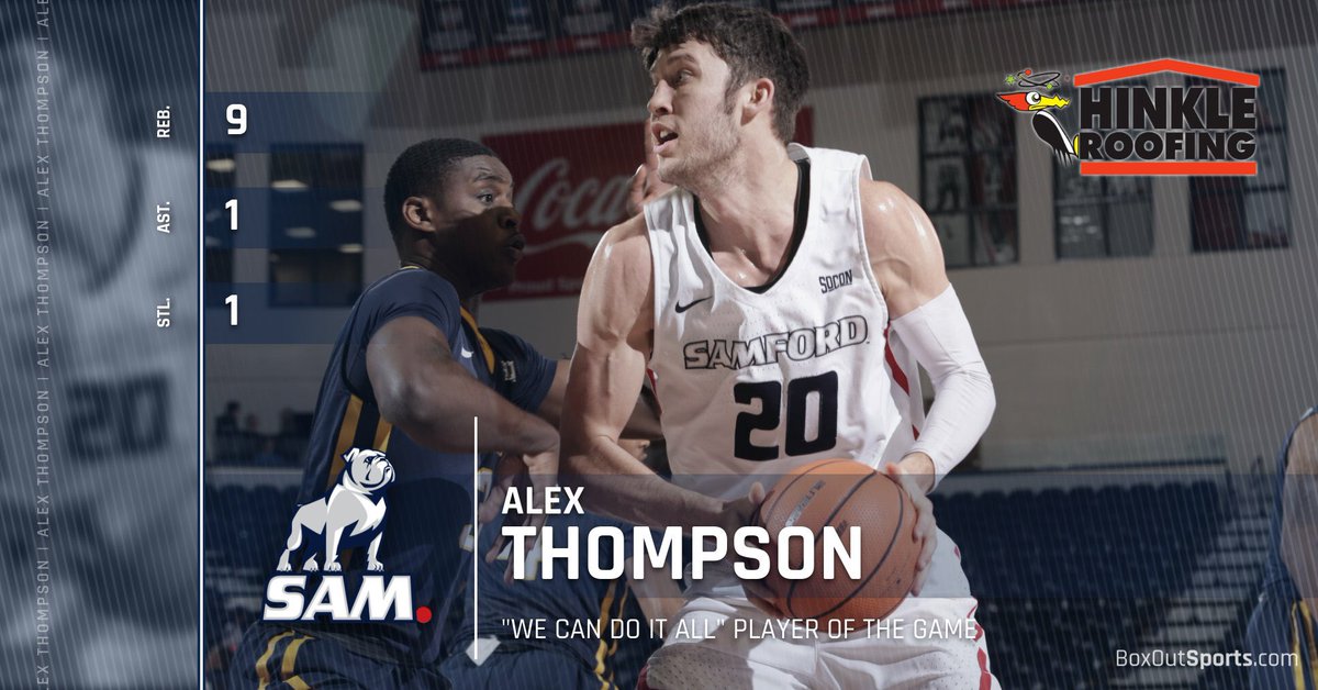SamfordSports's tweet image. Give it up for ALEX THOMPSON, our Hinkle Roofing “We Can Do It All” Player of the Game in Saturday’s BIG win! Alex and the Bulldogs battle the Mercer Bears tonight at 7! Tix at samfordsports.com/tickets