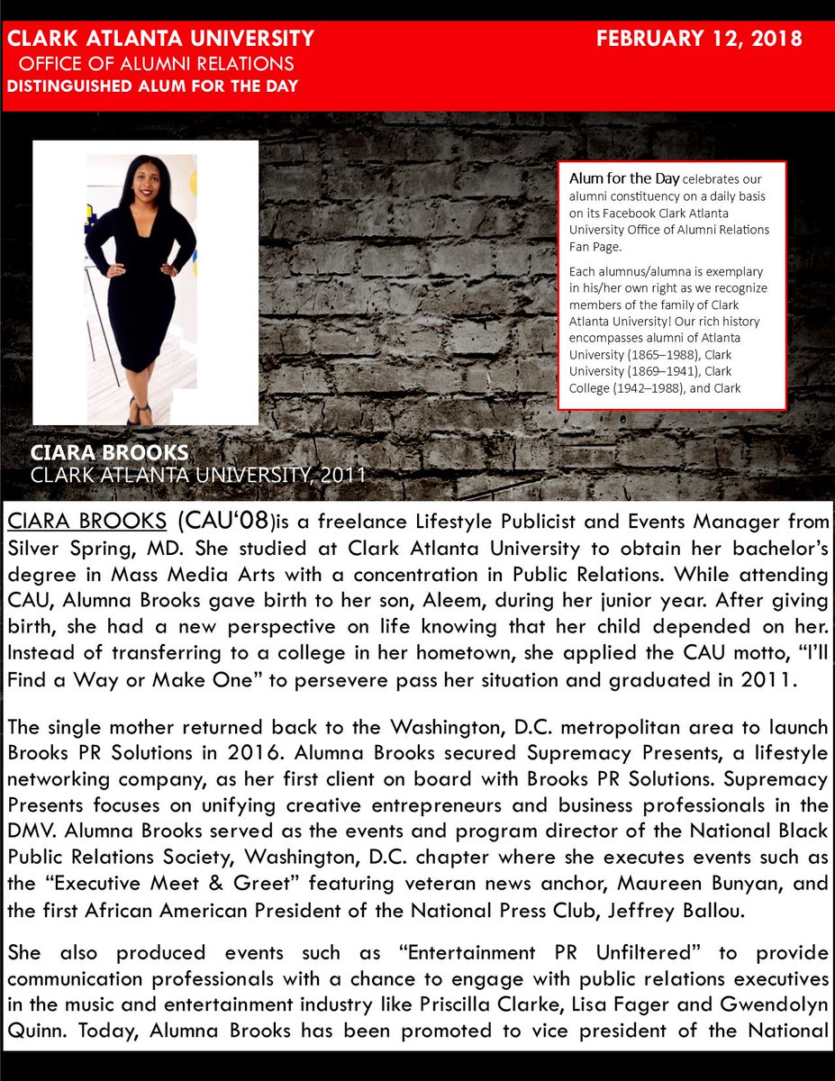 CAUAlumRelation's tweet photo. Congratulations to #CAU's Office of Alumni Relations distinguished "Alum for the day" Alumna Ciara Brooks! #WEARECAU #HBCU @ciarabrookspr https://t.co/NdK3g6E0j8