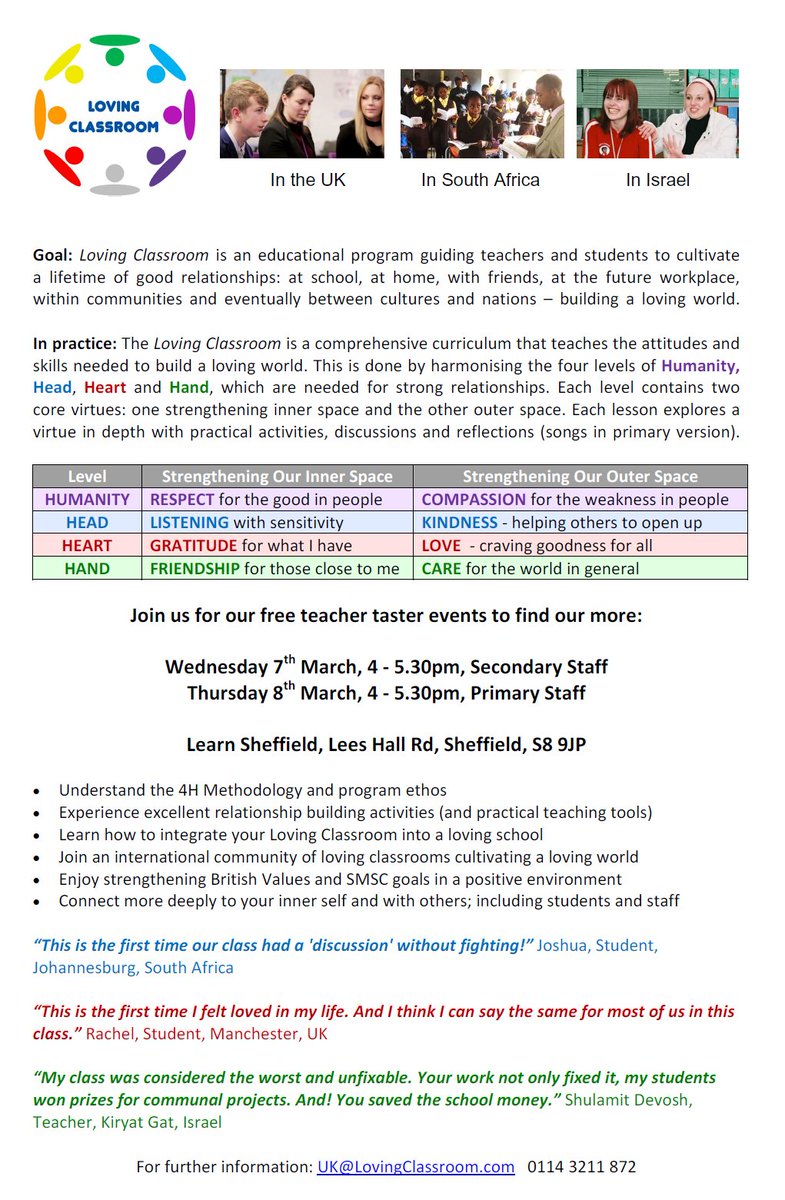 LCWorldUK's tweet photo. #Sheffield #Teachers can try our tools and find out how #LovingClassroom can address #SMSC #FBV #wellbeing and more. #Primary and #secondary staff welcome. Message or comment to book a place #sheffieldissuper #teacherschangelives https://t.co/HkTxdKj0RL