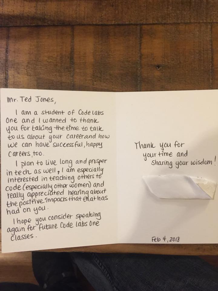 jonested's tweet image. I was fortunate enough to have the opportunity to speak at an adult coding class last week and I received this very thoughtful card from one of the students. This is what life is about.. paying it forward and making a difference.  #payitforward #womenincode