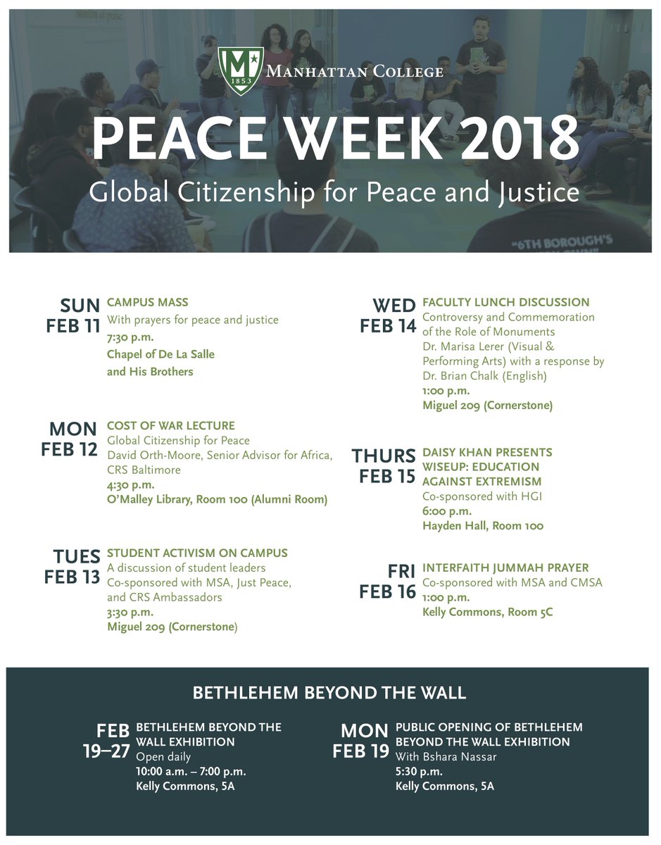 Happy Peace Week 2018! Today, we have the annual Cost of War lecture at 4:30 by David Orth-Moore from @CatholicRelief - Learn about global citizenship, Africa, and humanitarian action  @MC_CRS @MC_CMSA @loisharr @ManhattanEdu @MCStudentEngage @MCStudGov