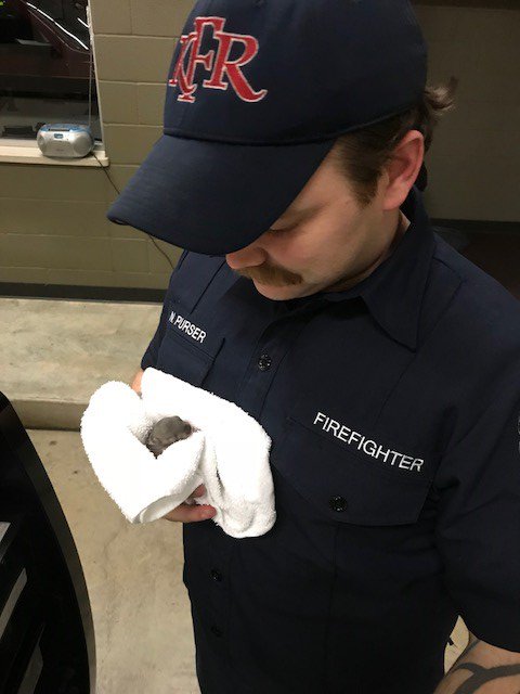 cityofkellertx's tweet photo. KFD Station 1 rescued a solo baby squirrel left out in the cold over the weekend. The little guy, whom they named Missile, is now in the care of Fort Worth-based wildlife rescuers. https://t.co/f6Ikq0qNUC