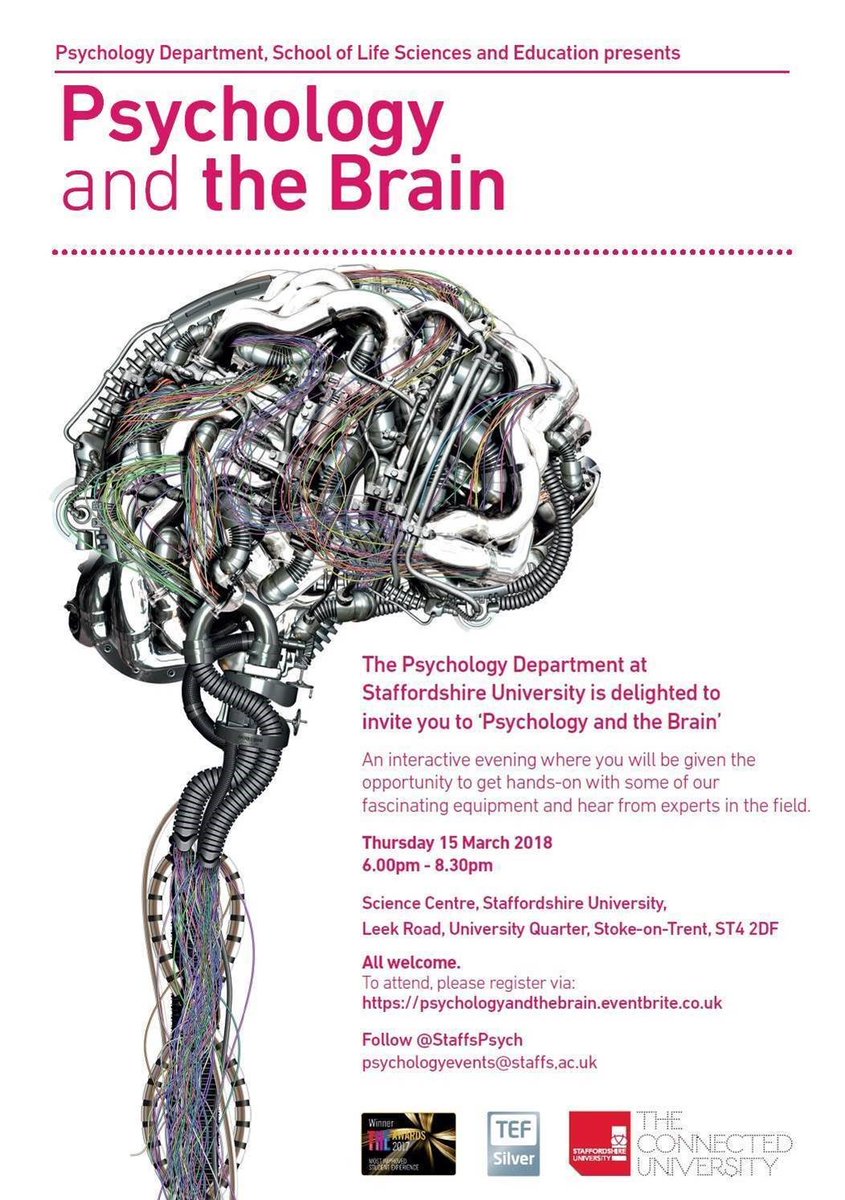 Come and find out about the Brain at an event at <a href="/StaffsPsych/">Staffs Uni Psychology</a> on Thurs 15th March 6-8.30pm

bit.ly/2El1O3D