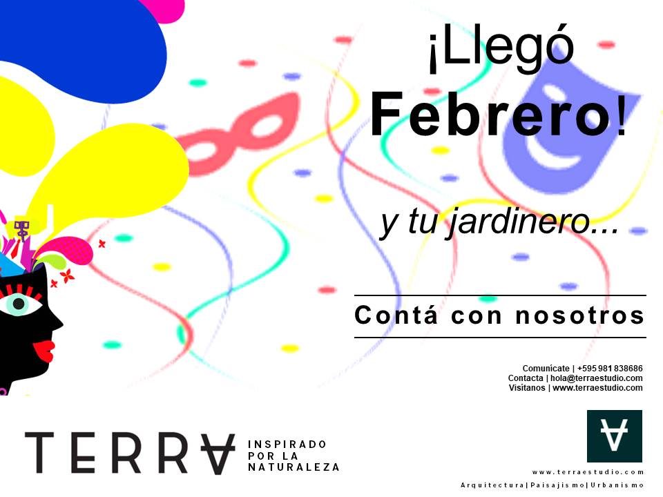 Terra_inspira's tweet photo. Llegó #Febrero tu jardín es un carnaval y tu jardinero...
¡Contá con Nosotros! 

Comunícate: 0981 838686
Contacta: hola@terraestudio.com
Visítanos: https://t.co/vI2O4KGd6P 
#terra_testing #terraestudio #paisajismo #Asunción #Carnaval #jardineria https://t.co/3wGrifVKy2