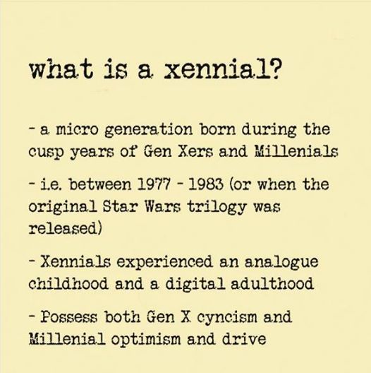 The 'Xennials' - the new name for the micro-generation born between 1977-1983 with an analogue childhood but a digital early adulthood. I fall into this category and can definitely identify #generations #xennial buff.ly/2GV8i70