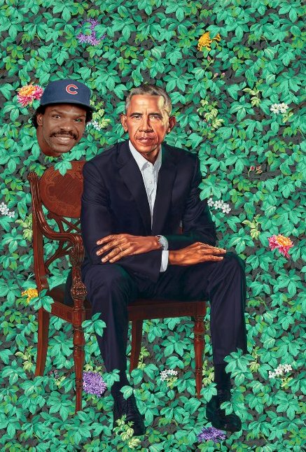 AndrewHarts's tweet photo. Shoot, I just took another look at @BarackObama's official portrait. Didn't even notice the @Cubs Andre Dawson poking out the ivy behind him. https://t.co/Mbwjt4F1fT