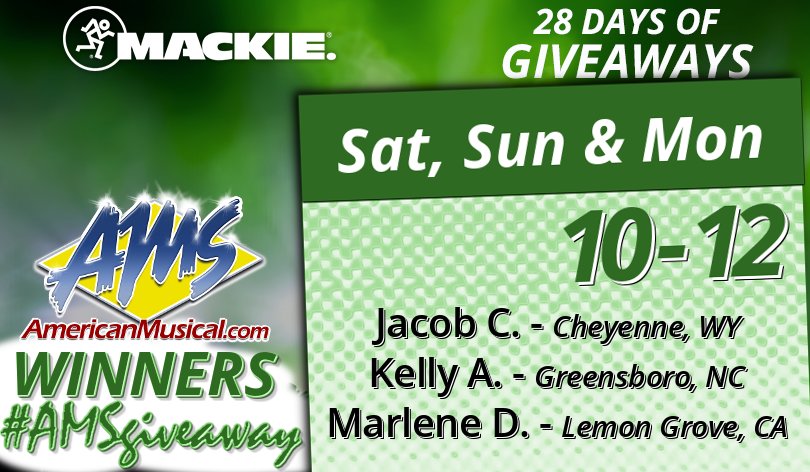 AmericanMusical's tweet photo. Congrats, Mackie #28daysofGiveaways Winners - Feb. 10-12.
- Jacob C. of WY
- Kelly A. of NC
- Marleen D. CA
Enter Here for your chance to Win @MackieGear MP220 In-Ears! https://t.co/CpGucp5lfR
**Winners receive an email with more information
--
#AMSgiveaway #Mackie https://t.co/dJwiapaUUN
